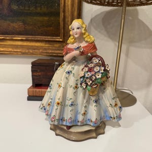 Vintage, Italian Majolica Porcelain Lady with Flowers, Made in Italy