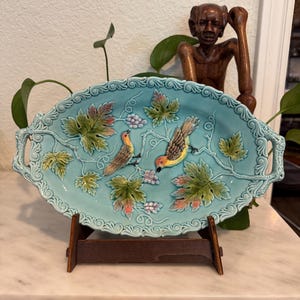 Beautiful antique German Zell Majolica Tray, Platter, Dish, Birds