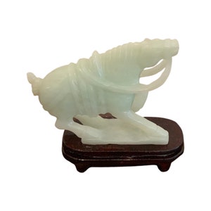 Vintage Jade War Horse Figurine on Wooden Stand