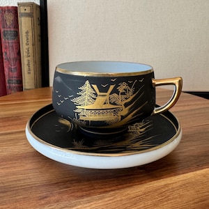Kutani Geisha Lithophane Tea Cup and Saucer, Japanese