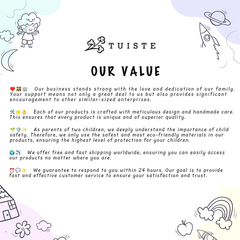 Może przedstawiać: Grafika z napisem "TUISTE" i frazą "OUR VALUE" w białym kolorze na jasnoniebieskim tle. Grafika zawiera kilka ilustracji dzieci, rakiety, domu, tęczy i gwiazdy. Tekst pod nagł&oacute;wkiem opisuje wartości firmy, w tym rodzinę, jakość, bezpieczeństwo i obsługę klienta.