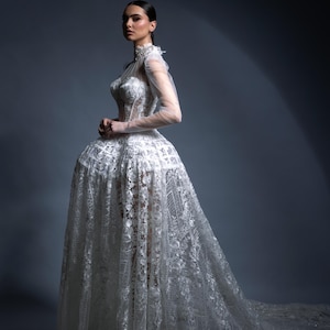 Crystal Beaded Lace Ball Gown– Couture Wedding Dress with Transparent Corset and Cage Skirt –Long Sleeves & Tulle High Neck –Made to Measure