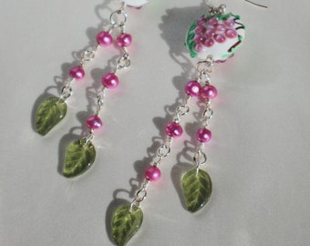 Grapes & Cream ~.925 sterling silver grape lampwork fruit glass nature leaves long dangly earrings