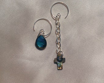 Ocean Magic - .925 sterling silver abalone shell mismatched asymmetrical earrings upcycled reclaimed swirl ear wire