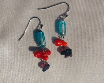 Save the Corals - stainless steel reclaimed coral glass mismatched asymmetrical beachy ocean reef inspired earrings