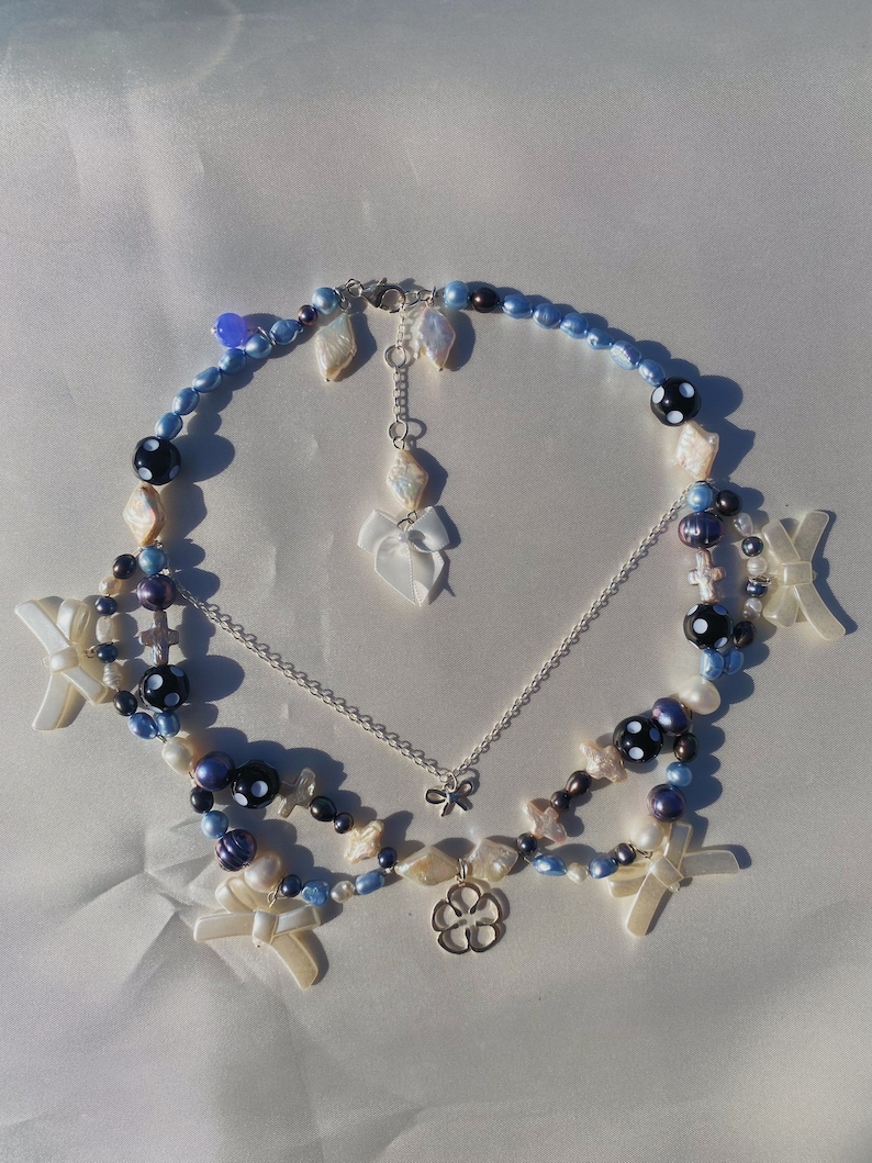 REM Re: Zero Anime Inspired Cosplay Blue Pearl Beaded Necklace Coquette Aesthetic Jewelry Double Strand image 1