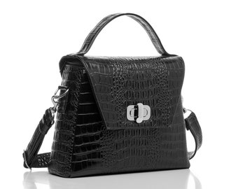 Insulated Handbag - Black Crocodile - Made in Michigan by Pranzo Bags, LLC - Patented Technology + 12 Smart Features