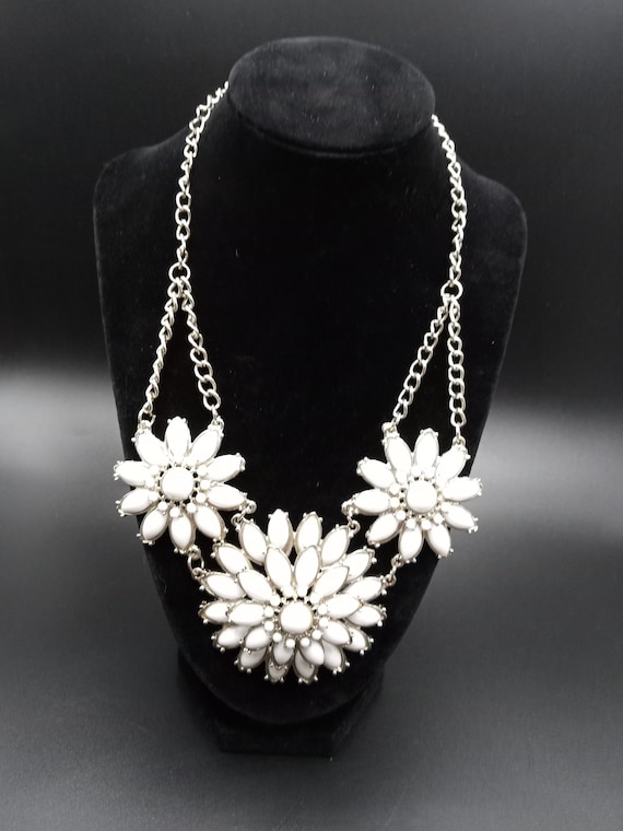 White Beaded Flower Statement Bib Necklace