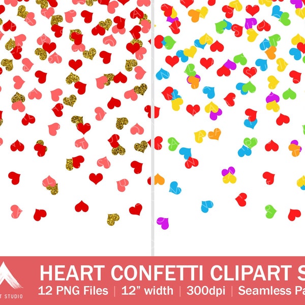 Heart Confetti PNG Clipart Bundle, Valentine's Day Party Border Background Decoration, Colorful Glitter Hearts Overlay, Seamless Pattern