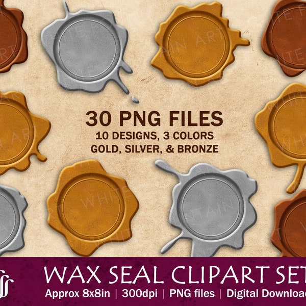 Wax Seal Clipart Bundle, Gold, Silver, and Bronze, Set of 30 PNG Realistic Digital Stickers, for Scrapbooking, Invitation, Monogram