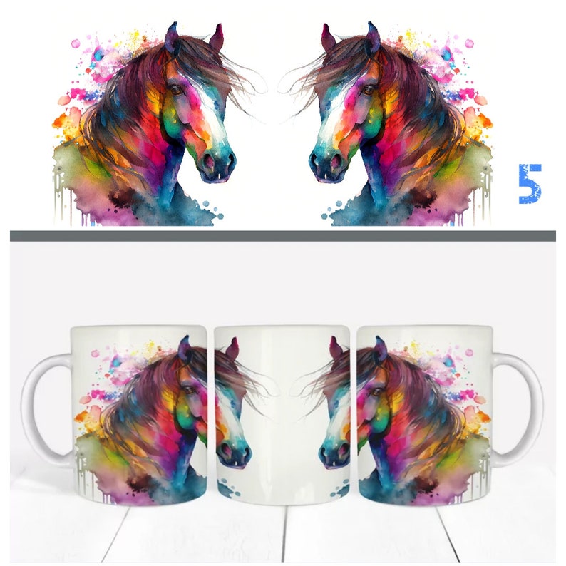 May include: Two white ceramic mugs with a colorful watercolor design of a horse's head. The design features splashes of pink, blue, green, yellow, and orange.