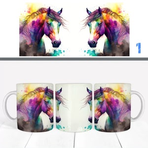 May include: Two white ceramic mugs with a colorful watercolor painting of a horse's head on one side. The horse is painted in shades of purple, pink, blue, green, and yellow.