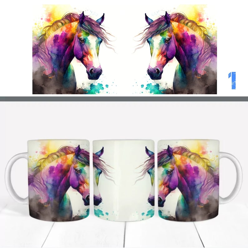 May include: Two white ceramic mugs with a colorful watercolor painting of a horse's head on one side. The horse is painted in shades of purple, pink, blue, green, and yellow.