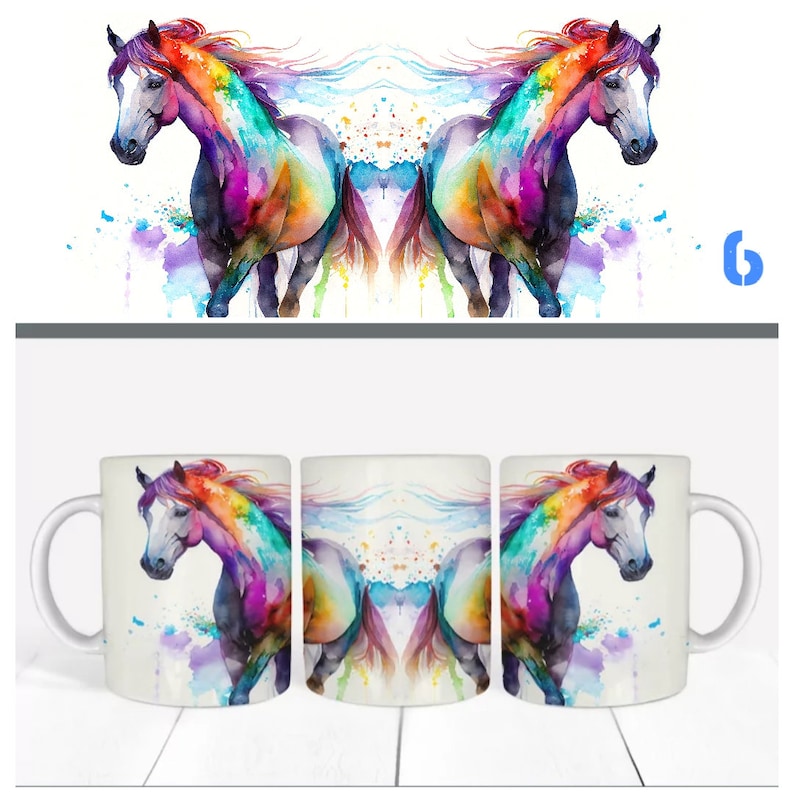 May include: Two colorful watercolor horse mugs. The mugs feature a rainbow-colored horse running with a watercolor background.