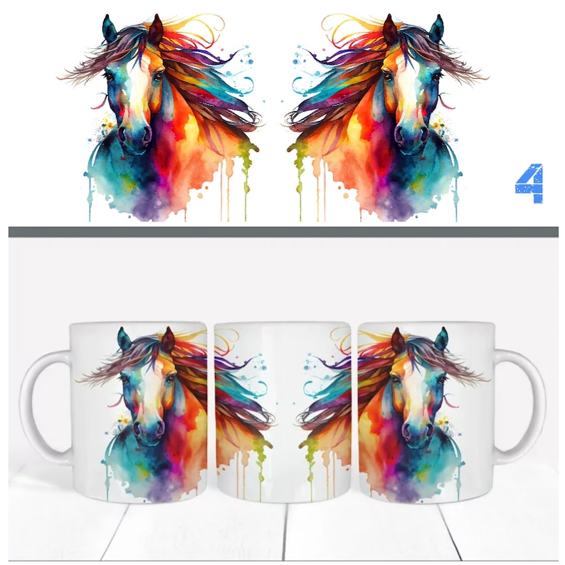May include: Three white ceramic mugs with a colorful watercolor painting of a horse's head on each mug.