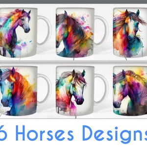 May include: Six white ceramic mugs with colorful watercolor horse designs. Each mug features a different horse with splashes of color.