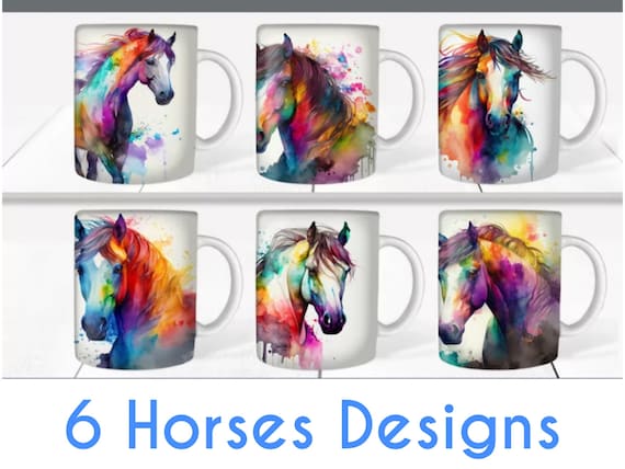 Rainbow Horse Mug: Watercolor Art, 11oz Ceramic Coffee Cup