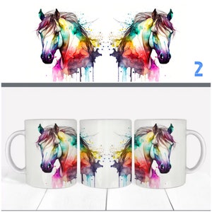 May include: Three white ceramic mugs with a colorful watercolor painting of a horse's head on each mug. The horse is painted in shades of blue, green, yellow, orange, pink, and purple.