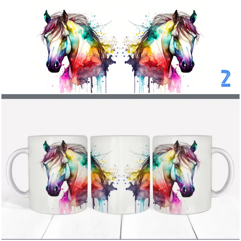 May include: Three white ceramic mugs with a colorful watercolor painting of a horse's head on each mug. The horse is painted in shades of blue, green, yellow, orange, pink, and purple.