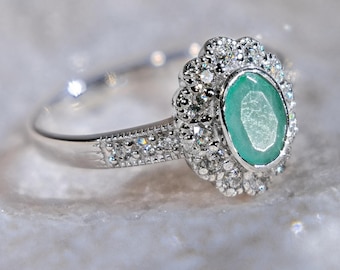 Sterling Silver Green Agate Halo Ring, Oval Cocktail Statement Jewelry