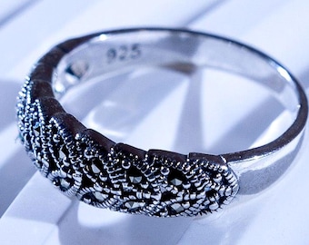 Sterling Silver Leaf Ring, Marcasite Band, Dainty Stacking Ring (Sylvan)