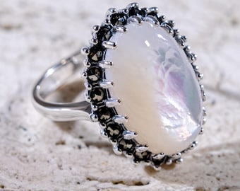 Sterling Silver Mother of Pearl Ring, Iridescent Oval Halo, Marcasite Statement Jewelry
