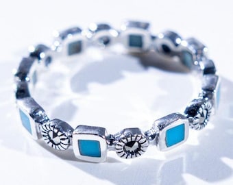 Sterling Silver Turquoise Square Ring, Sunbeam CZ, Southwestern Boho Band