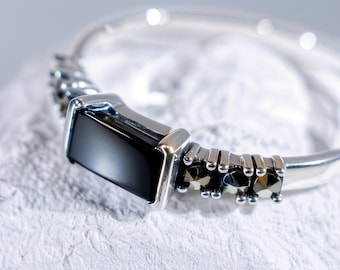 Rectangular Onyx Marcasite Sterling Silver Ring – Minimalist Statement Jewelry