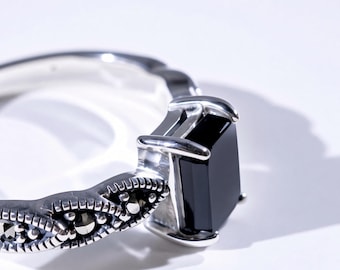 Sterling Silver Black Onyx Marcasite Ring, Gothic Statement Jewelry