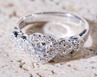 Sterling Silver Heart CZ Ring, Vintage Promise Band, Dainty Sparkle (925 Silver)