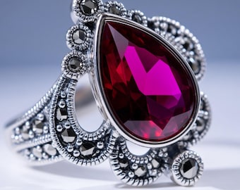 Sterling Silver Red CZ Crown Ring, Ruby Marcasite Statement Jewelry