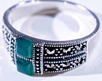 Sterling Silver Green Agate Ring, Marcasite Band, Wide Statement Ring (Verdant Crest)