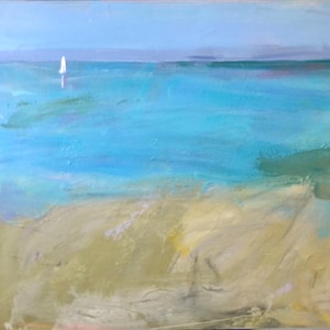 May include: An abstract painting of a seascape with a small sailboat on the horizon. The artwork features a palette of blues, greens, and sandy yellows, evoking a sense of calm and tranquility. The brushstrokes are visible, adding texture to the scene.