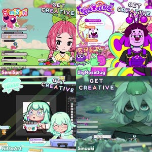 May include: A collage of four digital art illustrations with the text "GET CREATIVE". The art features cartoon characters, including a pink creature, a girl with pink hair, a purple bug, and a green-skinned character. Each image has a unique style.