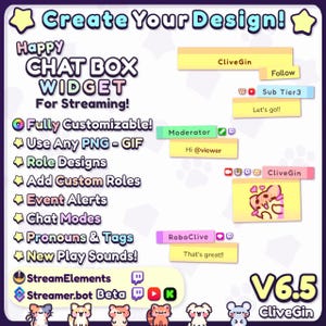 May include: A digital graphic promoting a chat box widget for streaming, featuring text and cartoon graphics. The design includes customizable options, event alerts, and custom roles. The image also displays example chat messages.