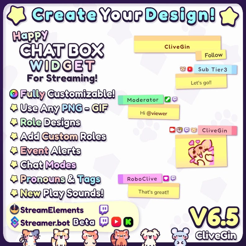 May include: A digital graphic promoting a chat box widget for streaming, featuring text and cartoon graphics. The design includes customizable options, event alerts, and custom roles. The image also displays example chat messages.