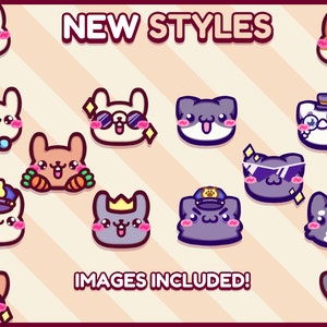 May include: A digital illustration featuring various cartoon animal faces, including bunnies and cats, with accessories like sunglasses and crowns. The text "NEW STYLES" and "IMAGES INCLUDED!" are displayed in a playful font, set against a striped background.