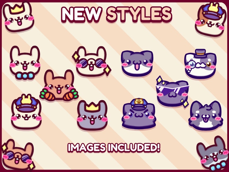 May include: A digital illustration featuring various cartoon animal faces, including bunnies and cats, with accessories like sunglasses and crowns. The text "NEW STYLES" and "IMAGES INCLUDED!" are displayed in a playful font, set against a striped background.