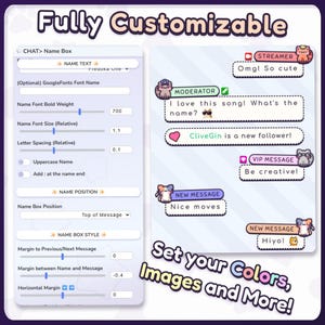 May include: A digital interface with the text "Fully Customizable" at the top. The interface shows options for chat customization, including name box settings and message styles. Sample chat bubbles with text and cartoon characters are displayed, with the text "Set your Colors, Images and More!"