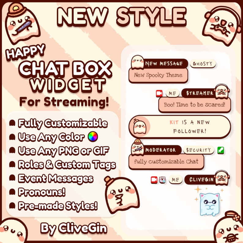 May include: A promotional graphic for a "Chat Box Widget" for streaming, featuring a cartoon ghost theme. The design includes text elements like "New Style," "Fully Customizable," and example chat bubbles with spooky messages. The graphic is in shades of brown and white.