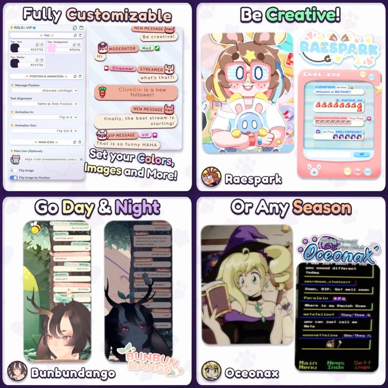 May include: A promotional graphic showcasing customizable streaming overlays. The image features four panels with different themes, including options for color, images, and more. Each panel displays a unique design with text and illustrations, highlighting creative possibilities.