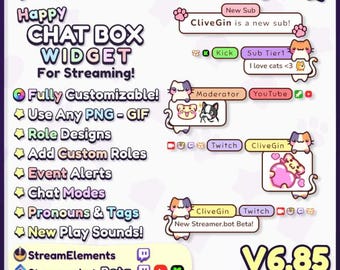 May include: A digital chat box widget for streaming featuring cat-themed graphics and customizable text elements. The interface displays various notification styles, role icons, and event alerts with pastel colors, star accents, and the text Create Your Design.