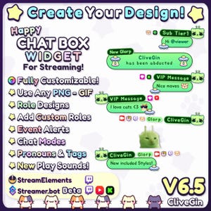 May include: A promotional graphic for a chat box widget for streaming, featuring the text "Create Your Design!" and "Happy Chat Box Widget For Streaming!". The design includes customizable features, role designs, event alerts, and chat modes. Version 6.5 is displayed.