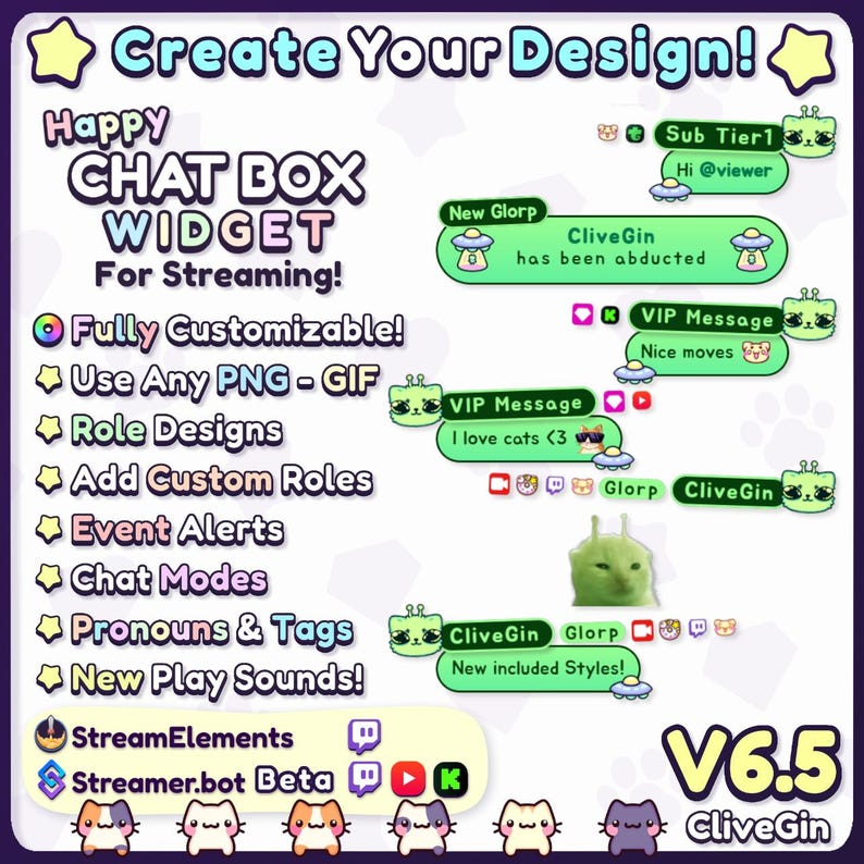 May include: A promotional graphic for a chat box widget for streaming, featuring the text "Create Your Design!" and "Happy Chat Box Widget For Streaming!". The design includes customizable features, role designs, event alerts, and chat modes. Version 6.5 is displayed.