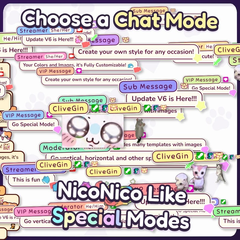 May include: A graphic with the text "Choose a Chat Mode" and "NicoNico Like Special Modes." The image features speech bubbles with text like "Update V6 is Here!!!" and "Create your own style for any occasion!"