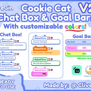 Cookie Cat Chat Box and Goal Bars Widgets, Chatbox for Twitch, Youtube, Facebook, OBS, Customizable Streamlabs Widgets StreamElements Kawaii