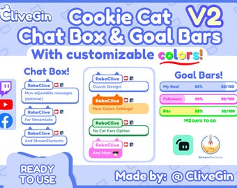 Cookie Cat Chat Box and Goal Bars Widgets, Chatbox for Twitch, Youtube, Facebook, OBS, Customizable Streamlabs Widgets StreamElements Kawaii