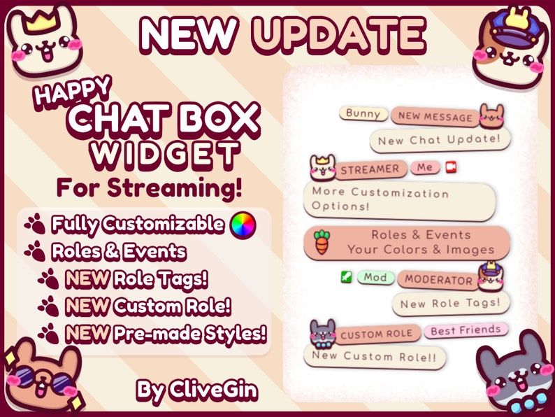May include: A digital graphic promoting a "Happy Chat Box Widget" for streaming. The design features cartoon bunnies, text like "New Update," "Fully Customizable," and options for roles, events, and styles. The color palette includes pink, white, and brown.