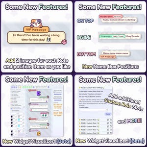 May include: A digital graphic showcasing new features, including custom role slots and a widget visualizer. Text includes "Some New Features!" and "New Widget Visualizer! (Beta)". The image has a cartoon cat.
