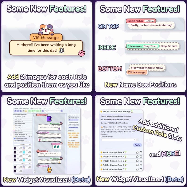 May include: A digital graphic showcasing new features, including custom role slots and a widget visualizer. Text includes "Some New Features!" and "New Widget Visualizer! (Beta)". The image has a cartoon cat.